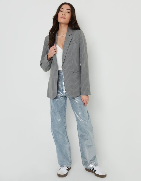 Women's Grey Pinstripe Lined Blazer - Image 3