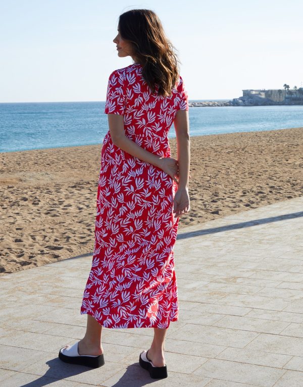 Women's Red Leaf Print Jersey Maxi Dress with Pockets - Image 2