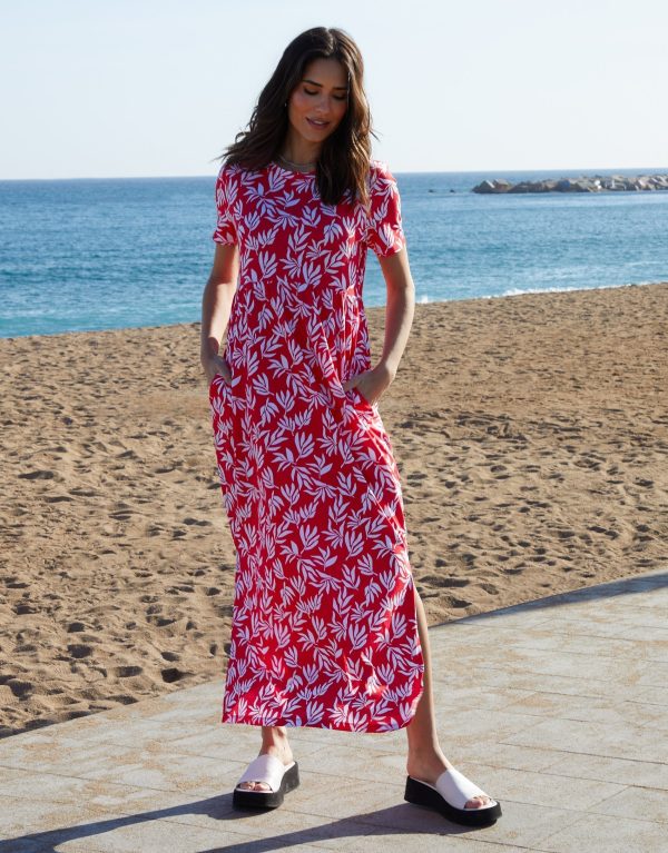 Women's Red Leaf Print Jersey Maxi Dress with Pockets - Image 4