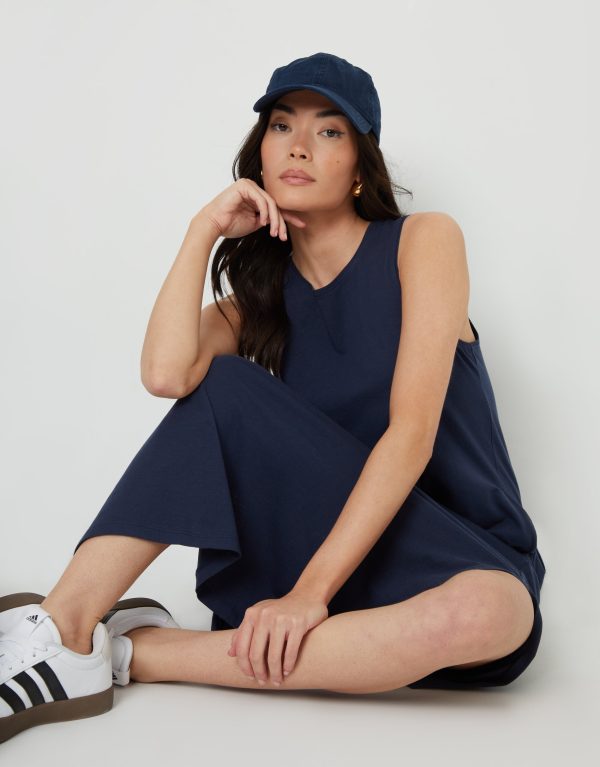 Women's Navy Sleeveless Jersey Midi Dress with Pockets - Image 3