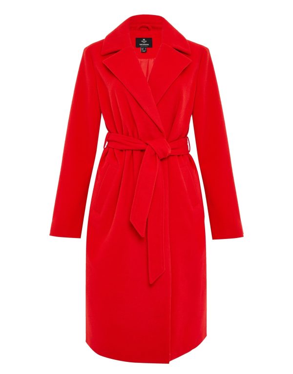 Women's Red Collared Belted Formal Coat - Image 5