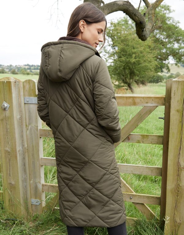 Women's Khaki Diamond Quilted Heritage Longline Barn Jacket with Removable Hood - Image 2