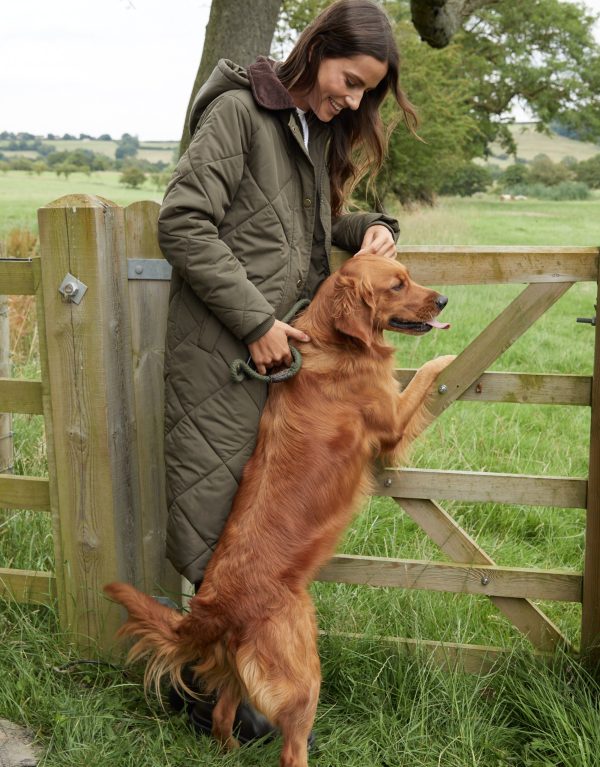 Women's Khaki Diamond Quilted Heritage Longline Barn Jacket with Removable Hood - Image 3