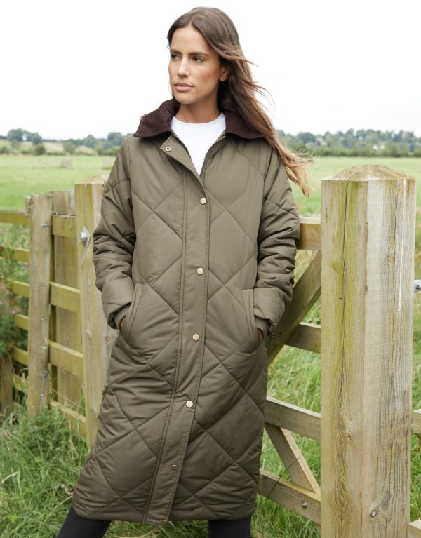 Women's Khaki Diamond Quilted Heritage Longline Barn Jacket with Removable Hood - Image 4