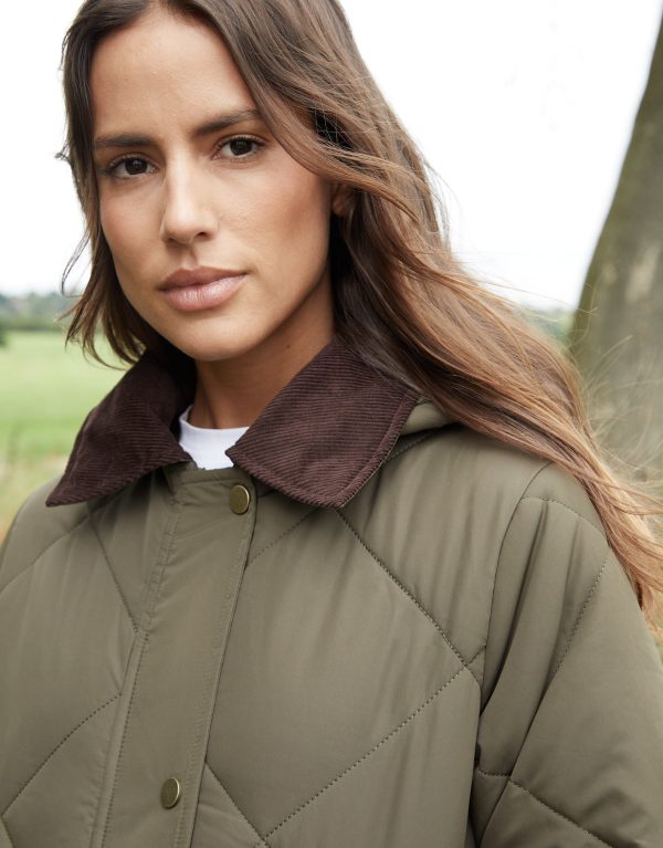 Women's Khaki Diamond Quilted Heritage Longline Barn Jacket with Removable Hood - Image 5