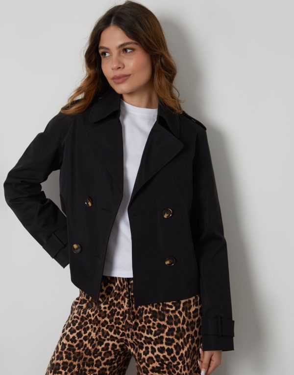 Women's Black Double Breasted Cropped Trench Coat - Image 3