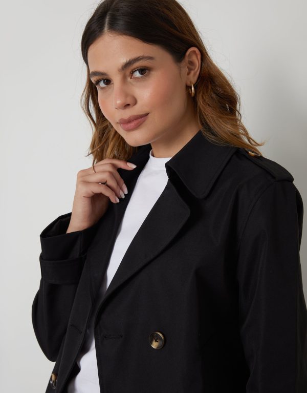 Women's Black Double Breasted Cropped Trench Coat - Image 5