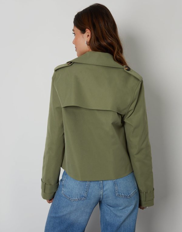 Women's Khaki Double Breasted Cropped Trench Coat - Image 2