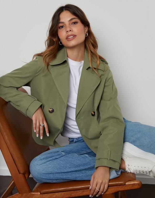 Women's Khaki Double Breasted Cropped Trench Coat - Image 4