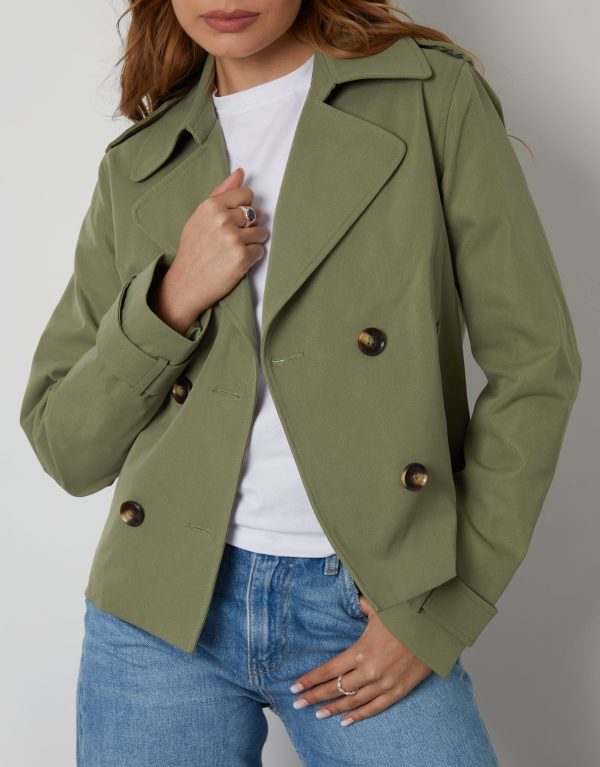 Women's Khaki Double Breasted Cropped Trench Coat - Image 5