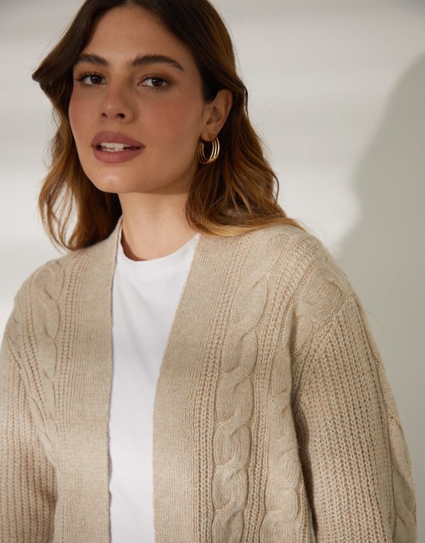 Women's Beige Cable Knit Cardigan - Image 5