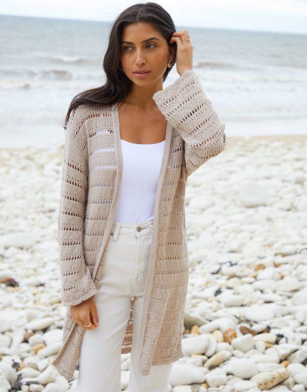 Women's Stone Longline Crochet Cardigan - Image 5