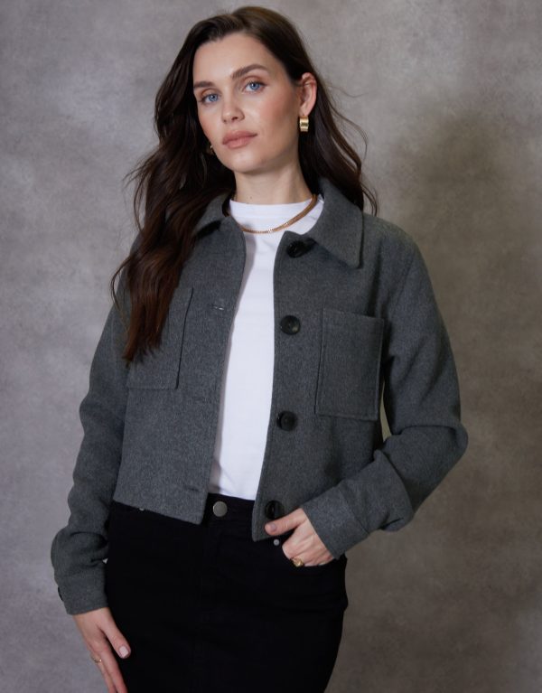 Women's Charcoal Cropped Brushed Shacket - Image 2