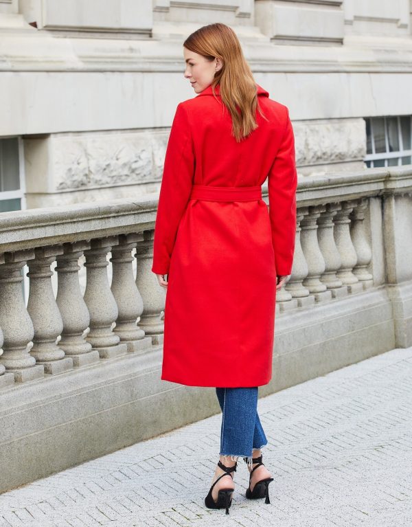 Women's Red Collared Belted Formal Coat - Image 2