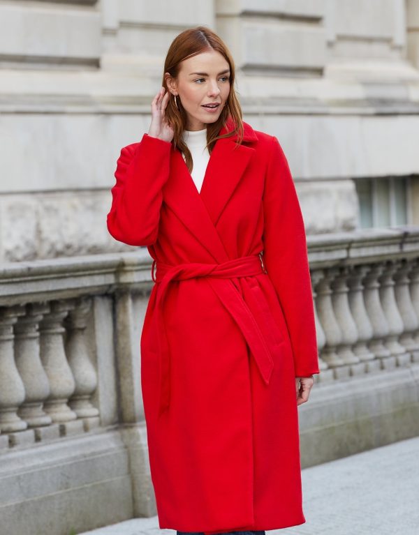 Women's Red Collared Belted Formal Coat - Image 3